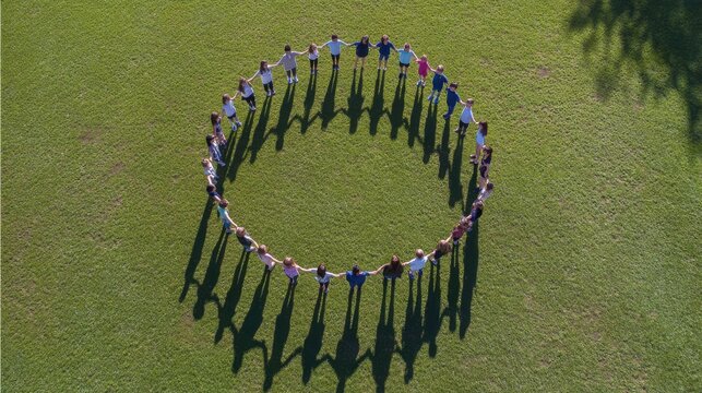People holding hands in a circle on green field