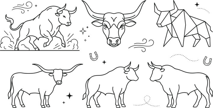 Taurus Zodiac Sign and Longhorn Bull Animal Wild Nature Line Art Vector Set