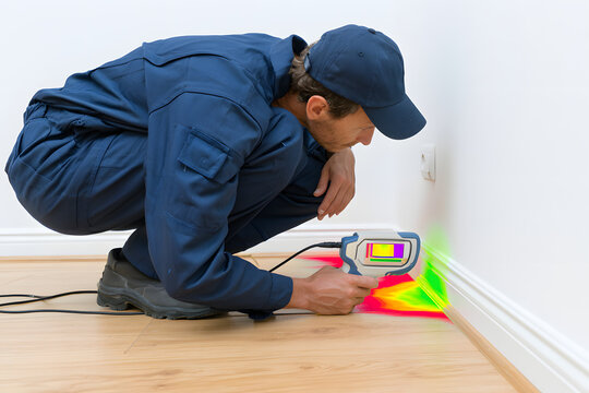 A male pest control worker is conducting a termite detection check in an apartment using a thermal imaging camera, a routine annual inspection.