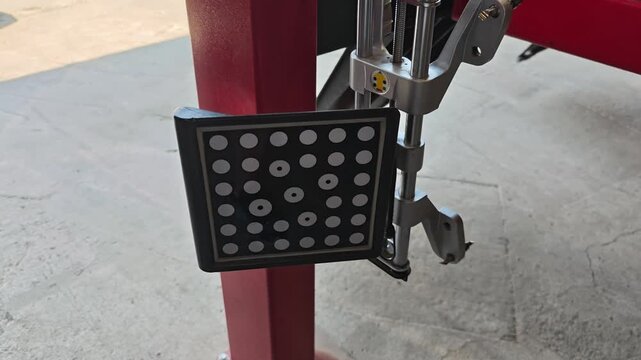 Modern 3D wheel alignment equipment target mounted on a clamp. Precision tool for car suspension and chassis diagnostics at a service station