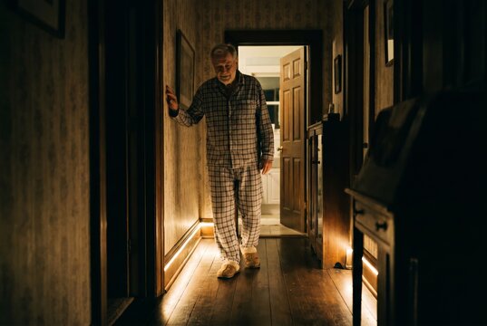Senior man walking to bathroom at night guided by warm motion sensor lights along hallway, night safety at home