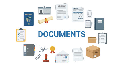 Fototapeta premium A comprehensive array of essential paperwork and official records, symbolizing office administration, legal compliance, and corporate documentation processes
