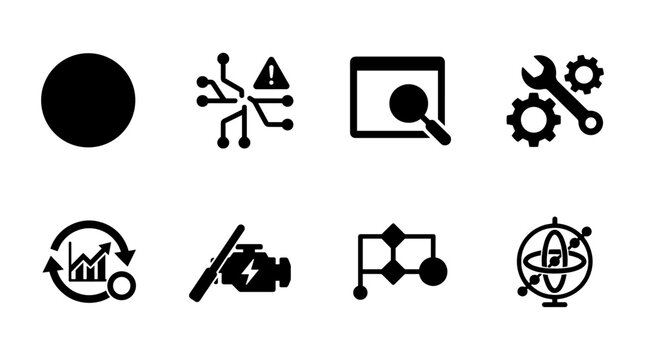 Set of black business and technology icons including circuit boards, search tools, engine parts, charts, and digital diagrams