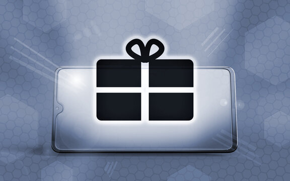 Smartphone 3D con un icono de regalo luminoso centrado, representando promociones digitales, ofertas especiales y compras en l&iacute;nea a trav&eacute;s de dispositivos m&oacute;viles modernos en pantalla.
