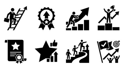 Set of black business success and growth icons showing people climbing ladders charts and achieving professional career goals © NoobCreaTion