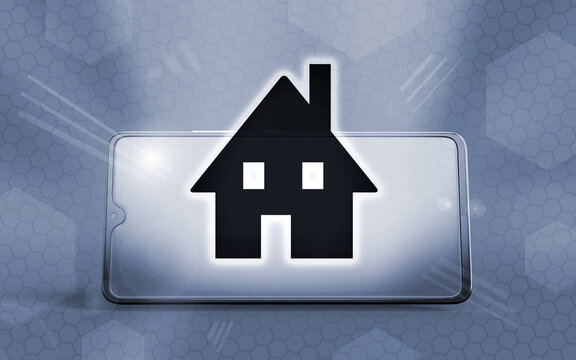 Representaci&oacute;n digital de un tel&eacute;fono inteligente moderno en 3D que proyecta un icono de casa brillante, simbolizando la dom&oacute;tica, la gesti&oacute;n inmobiliaria digital y la conectividad residencial.