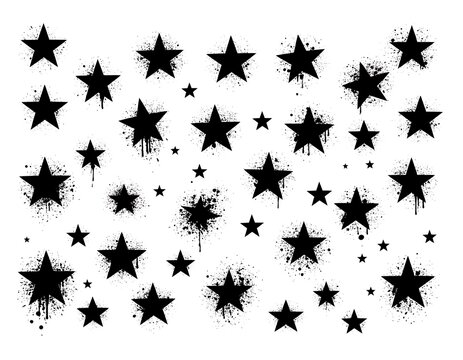 A collection of 35 black star shapes with splatters on a white background