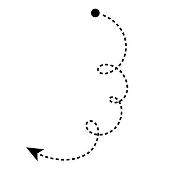 Dashed curved arrow path from circle with loops hand drawn style direction line isolated on transparent background minimal style
