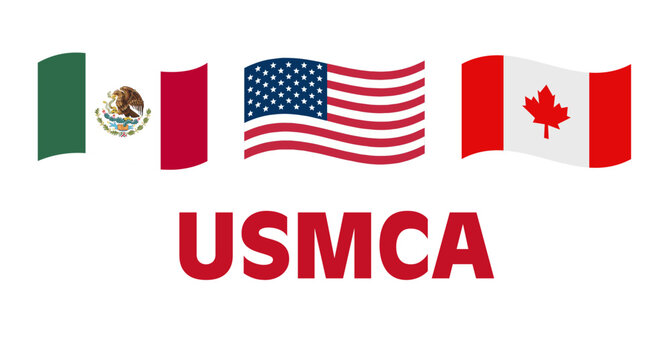 USMCA United States Mexico Canada Agreement editable graphic template. North American free trade agreement banner with waving flags isolated on white background.