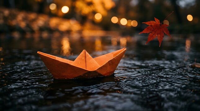 Orange paper boat with maple leaf on water surface