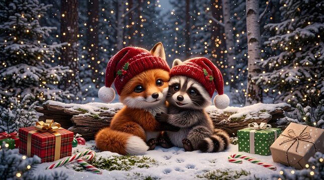 Cute fox and raccoon wearing christmas hats sitting with gifts in a snowy forest