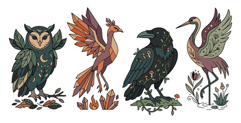 Fototapeta premium Mystical bird art set featuring owl phoenix raven and crane with intricate forest plant detailing.