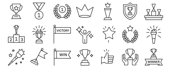 Fototapeta premium Collection of victory and achievement icons including trophies and medals