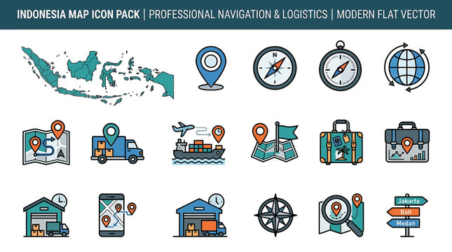 Indonesia map icons for navigation logistics and transportation services online