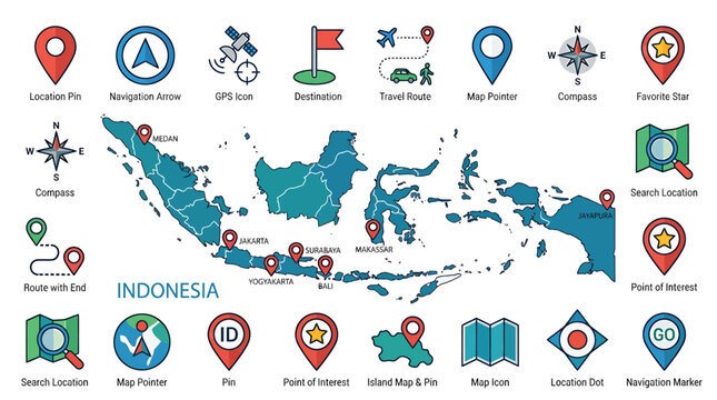 A detailed infographic map of Indonesia showcasing various travel locations and symbols.
