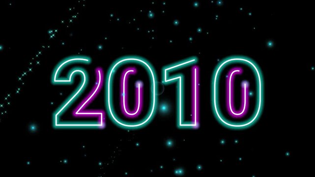 Glowing retro neon number year 2010 animation with bright cyan and pink lines over dark starry space video
