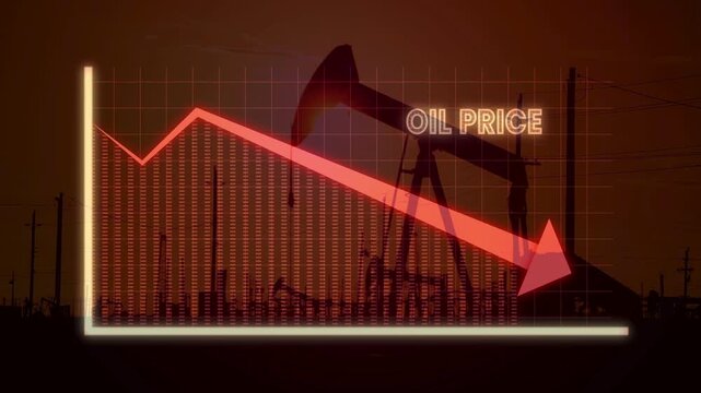 Silhouettes of multiple oil pump jacks with a large red downward arrow and falling chart. Symbolizes crashing oil prices, energy market decline, and petroleum industry crisis.