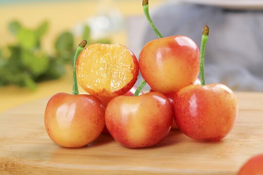 Fresh Golden Rainier Cherries on Wooden Board - Sweet Yellow Chilean Imported Fruit