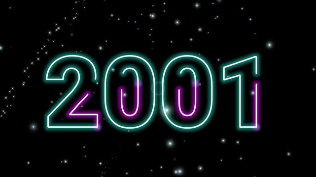 Neon number year 2001 timeline title animation with glowing lights over dark cosmic space background video