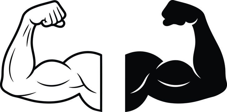 Bicep muscle arm flex icons showing line art and silhouette strength symbols for fitness.
