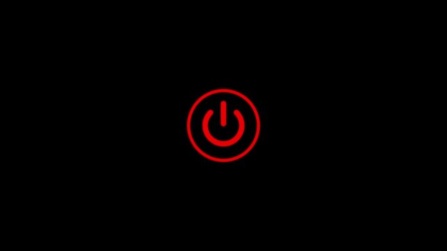 Red power button symbol glowing on a completely black background representing the universal symbol for turning devices on or off and indicating power button.