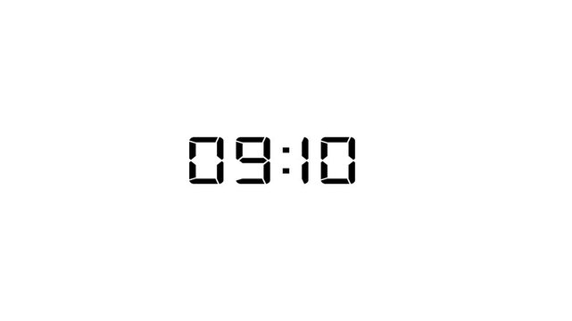 A minimalist digital clock displaying the time 10: 00 min in bright white segmented digits against a stark white background.
