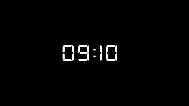 A minimalist digital clock displaying the time 10: 00 min in bright white segmented digits against a stark black background.