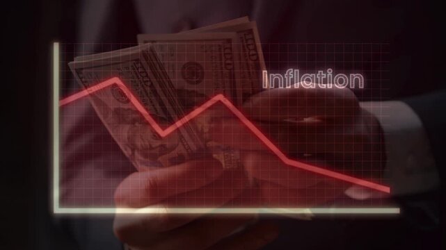 Businessman counting hundred dollar bills superimposed with a red downward trend line and the word Inflation. Illustrates currency devaluation, economic crisis, and loss of purchasing power.