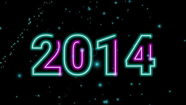 Retro neon style number 2014 glowing sign typography on dark background with shining particles stars and motion light intro video