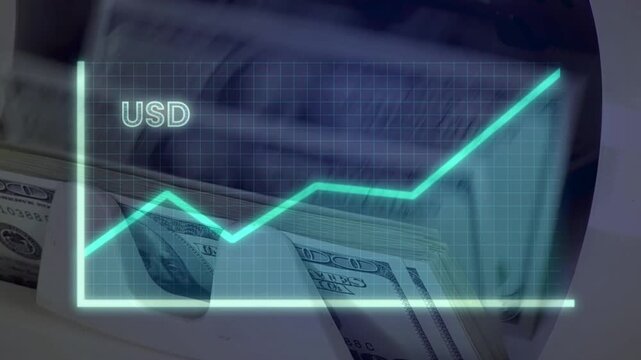 Money counting machine processing US hundred dollar bills with a glowing upward trend line and USD text. Symbolizes economic growth, strong currency, and cash profit.