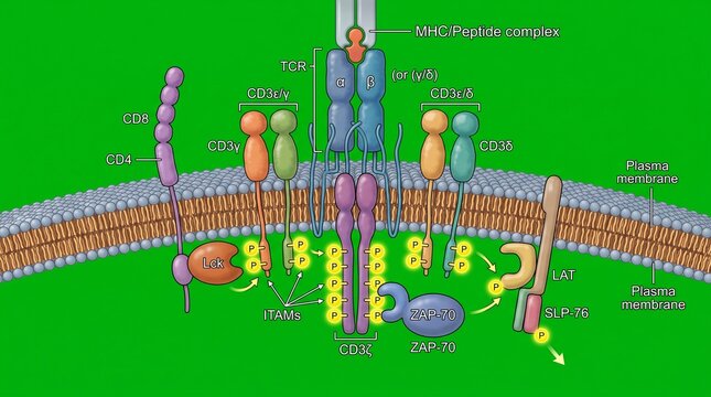 Molecular diagram of a T cell receptor complex with CD3 chains in a cell membrane for immunology research