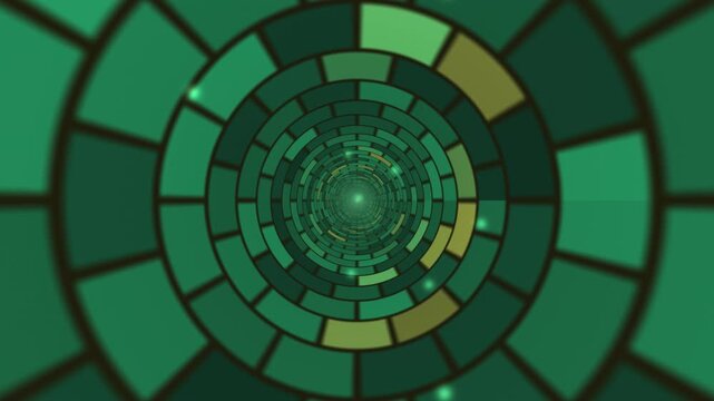 Vibrant geometric tiles create a swirling pattern in green tones
