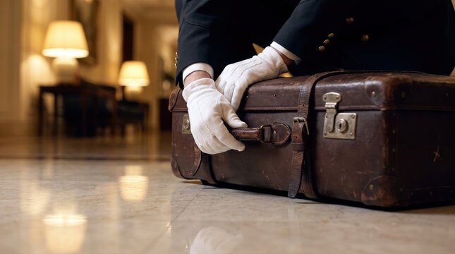 Hotel porter in white gloves handling a vintage brown suitcase on a polished marble floor in a luxurious hotel lobby.