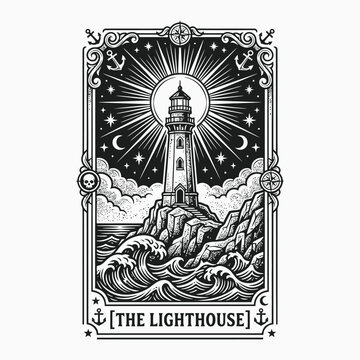 Halloween tarot card the lighthouse vintage engraving style mystical illustration for occult designs