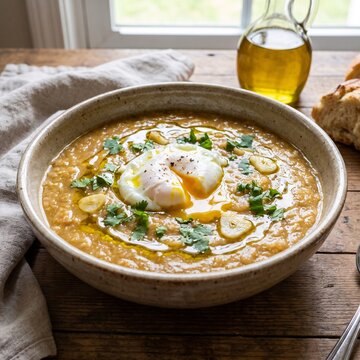 Traditional Portuguese A&ccedil;orda Bread Soup with Poached Egg