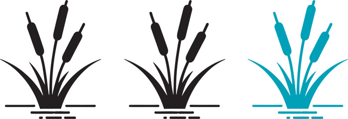Reed plant icon set featuring cattail marsh grass and wetland nature symbols in outline and solid silhouette vector styles for botanical, ecological and landscape design concepts. © Dalim 4