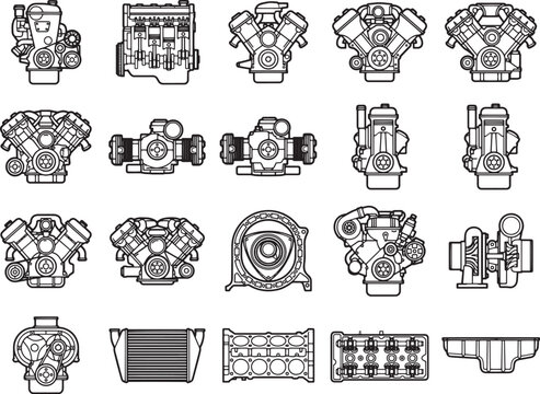 A collection of various engine types and components, presented as clear line art illustrations, showcases the intricate design and engineering of automotive power units.