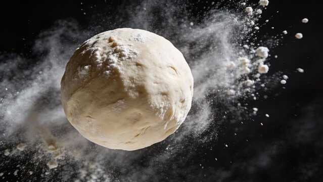 A round ball of dough spins gracefully through the air, surrounded by a cloud of flour. This scene captures the joyful chaos of baking in a home kitchen, filled with creativity.