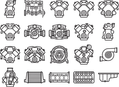 A collection of line art illustrations showcases various types of internal combustion engines and engine components, including V-engines, rotary engines, turbochargers, and engine blocks.