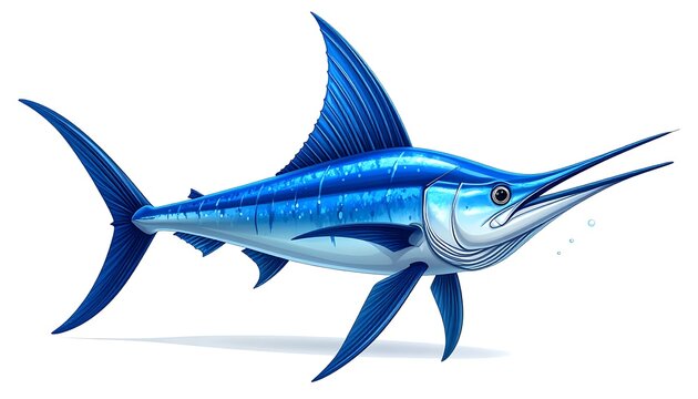 A detailed illustration of a large blue fish with a long bill