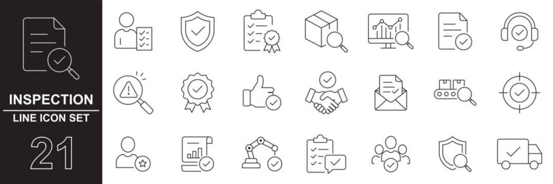 inspection icons set, quality control, compliance, checklist, verification, assessment, evaluation, business process, management, professional design