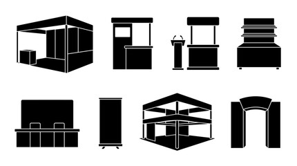 Set of black exhibition booth icons for trade shows and business events featuring stalls counters stands and display structures © NoobCreaTion