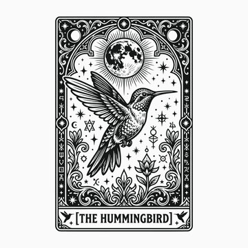 Halloween tarot card hummingbird illustration with celestial moon stars and ornate vintage frame
