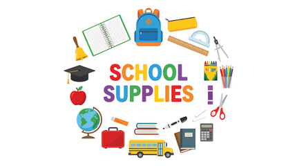 Fototapeta premium Comprehensive collection of educational supplies and learning tools, creatively arranged in a circular design, symbolizing student readiness and academic journey
