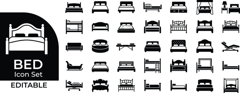 Modern bed collection featuring various sleeping furniture styles in flat vector format.