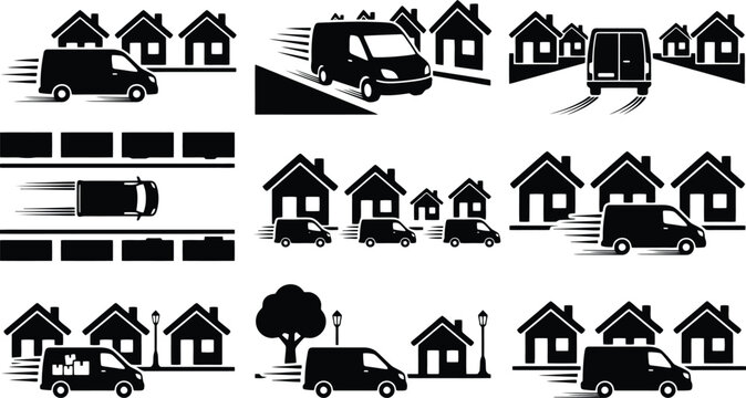 Black Delivery Van Icons Driving Through Residential Neighborhood Vector for Logistics Graphics, Shipping Infographics & Courier Service Design (EPS)
