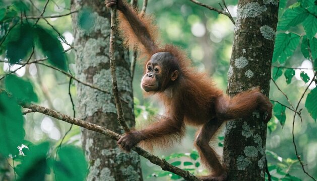 Baby orangutan climbing on tree grasping branch and looks around against green leaves in forest, Sumatra, Indonesia.
