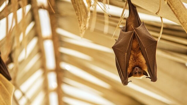 Close up of Giant fruit-eater bats (Flying Foxes - Pteropus) hanging and defecating in the jungle, Sumatra, Indonesia.
