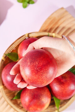 Hand holding fresh red nectarine from wicker basket of ripe stone fruit on white background