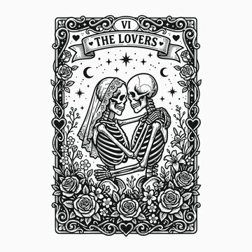 Halloween tarot card the lovers skeleton couple embrace vintage occult illustration gothic romance